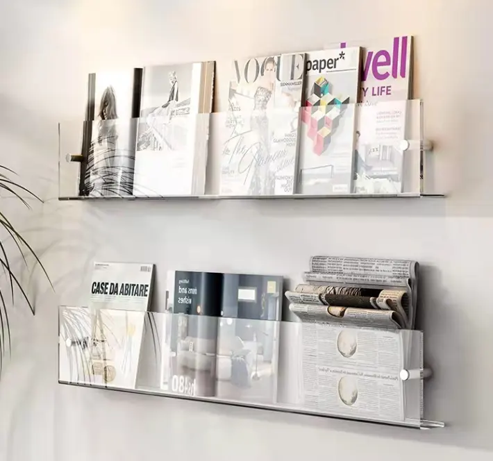 Estante de acrílico transparente personalizado, estantería de pared para libros, fotos, arte, álbum, periódico, revistas, almacenamiento