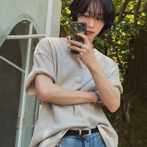 T-shirt en coton uni à col <span class=keywords><strong>Henry</strong></span> MYQ pour homme, manches courtes, style coréen décontracté, coupe ample, idéal pour l'été, style <span class=keywords><strong>Old</strong></span> Money, tendance - Product Image 3
