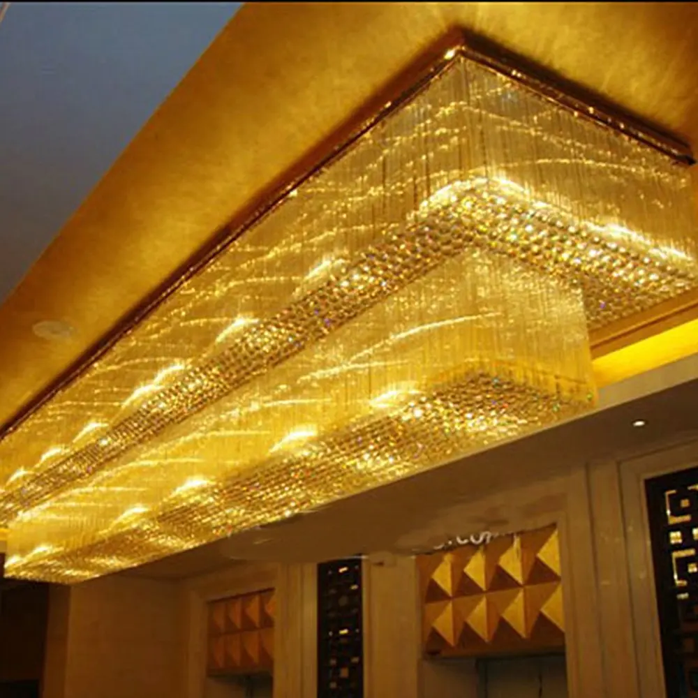 Luxury Large Flush Mount Banquet Lobby Ceiling Lighting Modern Hotel Rectangular Crystal Chandelier