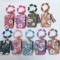 Bloemenkaartentas sleutelhanger creditcardhouder PU lederen portemonnee siliconen kralen kwastje madeliefje geurende bloemen polsbandje armband