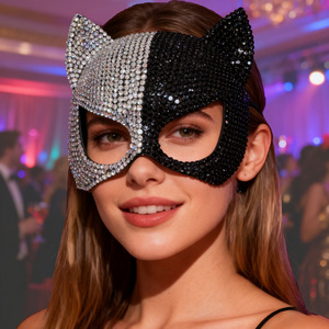 Masque de chat en strass noir et blanc, demi-visage, accessoire de fête costumée pour femmes, style mignon, en plastique - Product Image 1