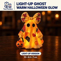 Figurine acrylique fantôme patchwork d'Halloween avec seau citrouille, nœud floral, non lumineuse, à piles bouton, décoration de table pour la maison