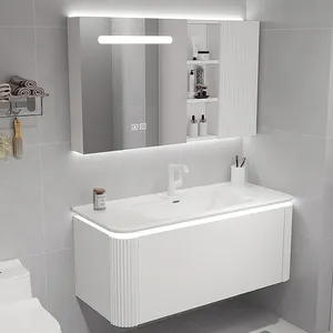 Slate Bathroom Cabinet with Led Mirror and Ceramic Basin Frosted Marble Bathroom Vanity Cabinet Cabinet with Light Strip