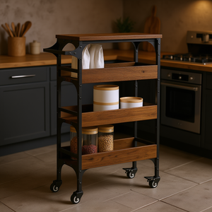 Chariot de cuisine en chêne fumé à 3 étagères avec roulettes, design moderne, chariot de cuisine en bois d'ingénierie brun - Product Image 2