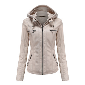 Giacca Primaverile da <span class=keywords><strong>Donna</strong></span>, Windbreaker <span class=keywords><strong>Beige</strong></span> Vintage con Cappuccio, Giacca in Pelle Stile Motociclista - Product Image 6