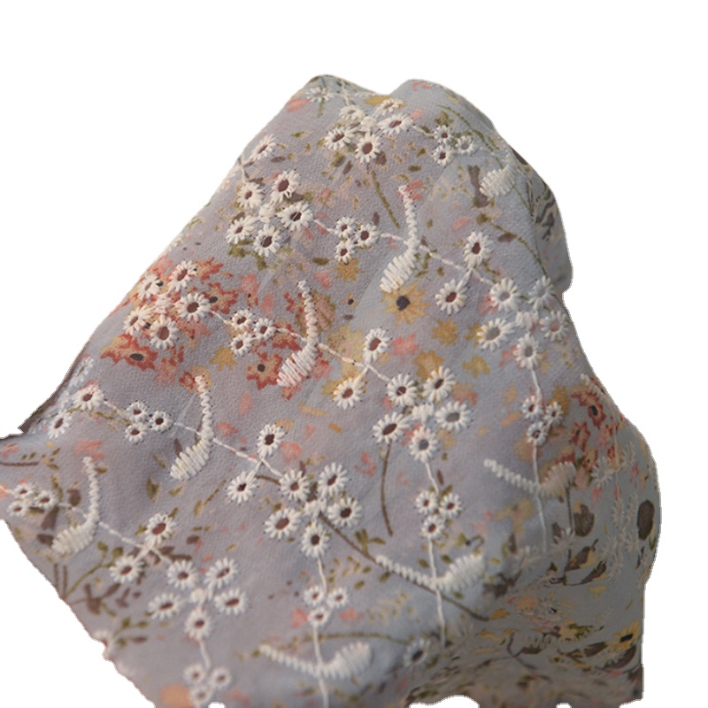 Small flower branch embroidery fresh pastoral style Chiffon Fabric jacket dress scarf Chiffon Fabric