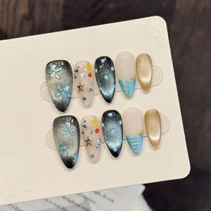 Ongles press-on œil de chat de luxe faits à la main, en acrylique épais avec strass, faux ongles - Product Image 1