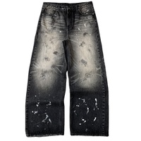 Jeans baggy taille mi-haute personnalisés par le fabricant, en denim délavé, effet usé, avec franges, éclaboussures de peinture, coupe droite, en denim selvedge pour homme
