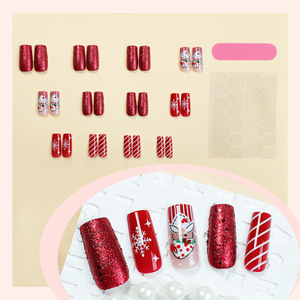 24 pièces en boîte à la main style français <span class=keywords><strong>court</strong></span> <span class=keywords><strong>faux</strong></span> ongles conseils pour l'application des doigts automne hiver INS Design chapeau de noël - Product Image 2