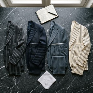 Traje de dos piezas plisado de cintura alta con rayas de lana para hombre, OEM, personalizado, con solapa ancha, estilo parisino, color carbón, MOQ50 - Product Image 4