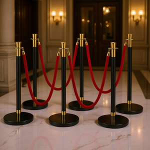 Poteaux de délimitation en acier inoxydable avec corde en velours rouge, finition noir et or, base à injection de sable, pour le contrôle des foules, mariages, fêtes, théâtres - Product Image 2