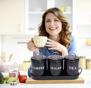 Tè di caffè Set di <span class=keywords><strong>zucchero</strong></span> contenitore con vassoio <span class=keywords><strong>per</strong></span> la conservazione degli alimenti Vintage retrò fattoria <span class=keywords><strong>contenitori</strong></span> in metallo con coperchi - Product Image 3