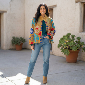 Veste courte en velours pour femme, style bohème, motif tropical et cœur, style Suzani, manteau chaud à motifs floraux, cadeau pour elle, vêtement d'extérieur ethnique, blazer d'hiver - Product Image 1