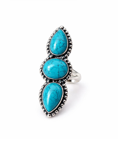 Boho Triple Stone Turquoise <b>Statement</b> <b>Ring</b> in 925 Sterling <b>Silver</b> with Teardrop Blue Gemstone Design Southwestern Artisan Style - Product Image 2