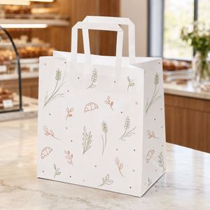 Sacs en papier kraft blancs imprimés sur mesure avec poignées plates, sacs d'emballage pour boulangerie, pain, pâtisserie, plats à emporter, vente en gros, recyclables - Product Image 2