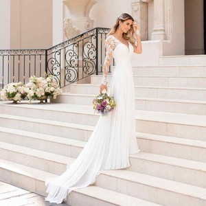 S0571N Nuevo <span class=keywords><strong>Vestido</strong></span> <span class=keywords><strong>de</strong></span> <span class=keywords><strong>Novia</strong></span> <span class=keywords><strong>de</strong></span> Verano con Escote en V, Estilo Bohemio, <span class=keywords><strong>de</strong></span> Gasa, Largo hasta el Suelo, Natural, para <span class=keywords><strong>Playa</strong></span>, con Manga Larga Ilusión y Apliques <span class=keywords><strong>de</strong></span> Encaje - Product Image 2