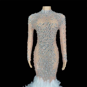 Vestido de noche de lujo de manga larga para mujer, transparente, con <span class=keywords><strong>plumas</strong></span> de cristal, sirena, Sexy - Product Image 4