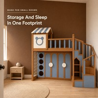 Lit mezzanine pour enfants en bois massif avec escalier, design cabane, fenêtre ronde à oreilles d'ours, portes d'armoire cintrées, barrières de sécurité et tiroirs