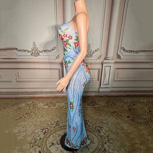 Novance Y5001 sıcak satış taklidi zarif uzun kadın abiye mavi askısız çiçek baskı lüks balo doğum günü elbise - Product Image 2