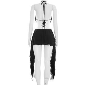 Viviblook D26ST055 Ensemble d'été pour femme, débardeur en maille à col licou et laçage, short-jupe à volants, ensemble deux pièces - Product Image 5