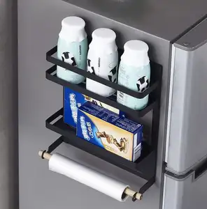 롤 티슈 홀더가있는 냉장고 측면에 강력한 자석 블랙 마그네틱 선반 주최자 마그네틱 냉장고 향신료 랙