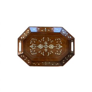 Plateau de service en bois d'acacia avec incrustation de motifs arabes, style de décoration islamique artisanal pour le service du Ramadan, pour la maison et l'hôtel. - Product Image 1
