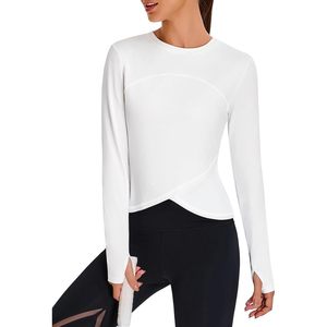 Womens Workout Top White Long Sleeve Crew Neck Thumbholes Breathable Yoga Gym Shirt L - Product Image 1