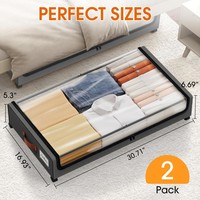 Ventes chaudes, bacs de rangement sous le lit en métal à roulettes de 60 L, lot de 2 avec couvercles transparents