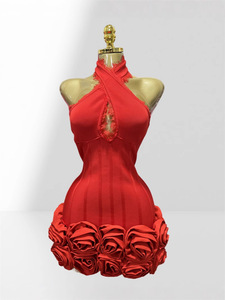 Boutique donna di alta qualità 3D fiore bocciolo Sexy collo all'americana abito alla moda rosso fasciante elegante abito da festa - Product Image 2