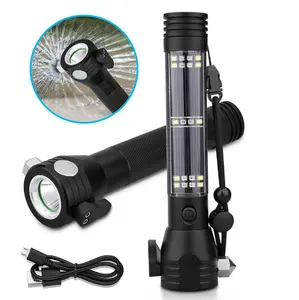 Solar Powered Tactical LED Flashlight,Outdoor Car Rechargeable Flashlight Ultra Bright Flashlight Torch with Safety Hammer