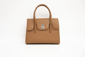 <b>Brown</b> Leather Look Handbag, Structured Tote Bag, Flap Purse with Metal Lock for Office Daily Use - Product Image 1