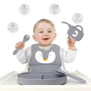 Venta Directa de Fábrica, Juego de Alimentación de Silicona para Bebés, Seguro para Alimentos, Plato, Babero, Vaso con Pajita, Vajilla Infantil - Product Image 3