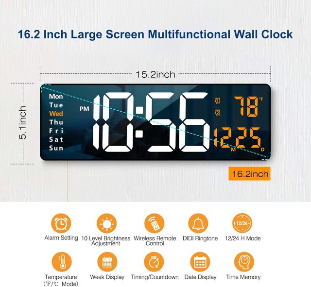 16 Inch Large LED Digital Wall Clock Smart Display Clock with Temperature/Date/Week Snooze Desk Clock for Living Room