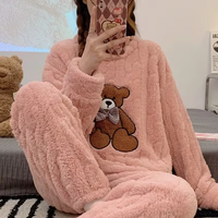 Pyjama d'hiver thermique en flanelle pour femme, 100 % polyester 220g, uni, ODM, avec cordon de serrage, col lisse, tricot doux, motif animalier de dessin animé