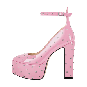 圆头平台铆钉女鞋系带高跟鞋凉鞋玛丽简风格鞋 - Product Image 1