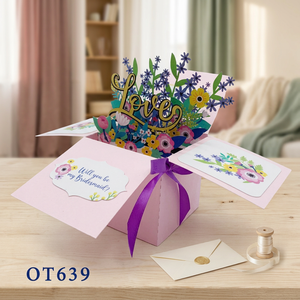 Carte pop-up 3D tendance Viet-craft avec fleurs violettes en boîte, artisanat en papier découpé au laser fait main, personnalisé, artistique et de collection - Product Image 2