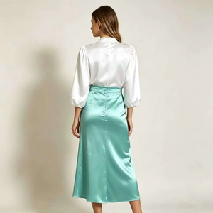 Elegante Falda Midi de Satén Verde Menta — Falda de Cintura Alta, Estilo Línea A, para Ocasiones Especiales y Vestimenta Formal - Product Image 3