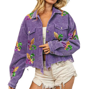 Pronto per la spedizione FDL con ricami di paillettes Patch Shacket martedì Gras cappotto floreale velluto a coste cappotti giacca da donna per il grasso di martedì - Product Image 1