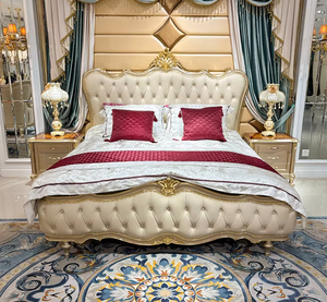 Muebles de Dormitorio de Lujo Europeos en Cuero Genuino, Cama King Size, Cama Francesa Antigua Tallada en Madera Maciza con Diseño de Hojas, para el Hogar - Product Image 4
