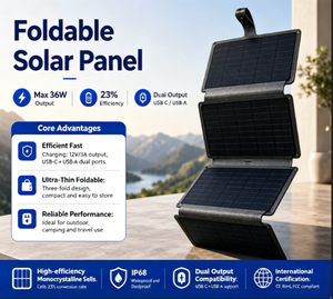 Panneau solaire monocristallin pliable 36W, 23% d'efficacité élevée, étanche IP68, double sortie USB-A Type-C, chargeur de système solaire - Product Image 5