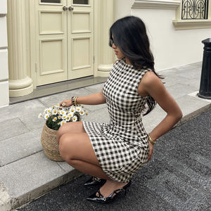 Elegante Vestido Tipo Jersey a Cuadros para el Traslado Diario, Diseño sin Mangas con Corte en A y Cintura Ajustada, Minivestido Gracioso - Product Image 6