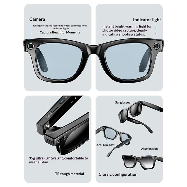 Smart Glasses 800W Pixel AI Camera 720P Photo/Video Recording for Voice Call Translation for IPX-4 Waterproof Plastic