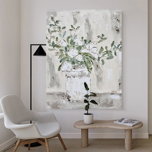 Hand Painted Oil <b>Painting</b> Wabi Sabi Style Floral Art <b>For</b> Living Room Wall Decor Textured Background Modern Minimalist Design - Product Image 3