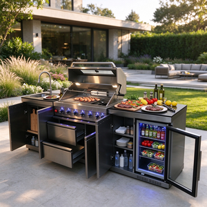 <span class=keywords><strong>Barbecue</strong></span> da Esterno in Acciaio <span class=keywords><strong>Inox</strong></span> 304 con Griglia a Gas, Accensione Piezoelettrica, Girarrosto, Lavello, Cassetti, LED e Frigorifero per Giardino - Product Image 1