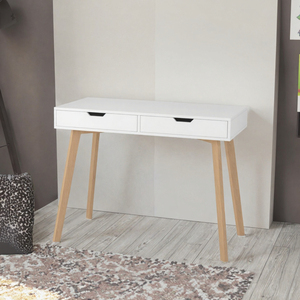 Bureau d'ordinateur blanc avec 2 tiroirs, bureau d'écriture en bois pour la maison, table console avec pieds en chêne - Product Image 3