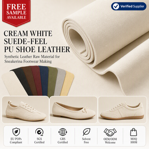 หนังเทียม PU สีครีมขาว ผิวสัมผัสคล้ายหนังกลับ สำหรับทำรองเท้าบัลเลต์แบบสวม รองเท้าผ้าใบ ผลิตตามสั่ง โรงงานบังกลาเทศ วัตถุดิบแบบม้วน - Product Image 3