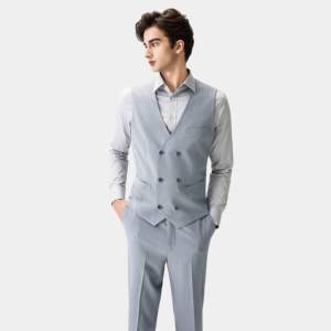 وصول جديد: سترة شتوية رجالية قابلة للعكس باللون الأزرق الرمادي، مريحة وبدون ياقة، مزدوجة الصدر - Product Image 1