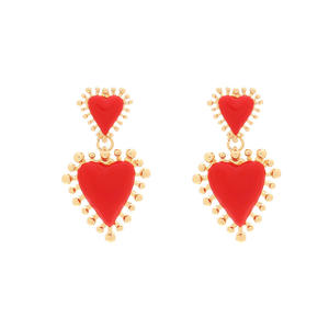 Pendientes de Corazón Doble en Oro Sólido de 14K con Circonita y Esmalte Rojo, Joyería de Lujo para Mujer, Pendientes de Corazón Sagrado para el Día de San Valentín - Product Image 3