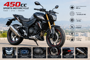 Moto sportive 450CC rouge et noire, moto de rue, frein à double disque, pour adultes - Product Image 2