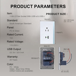 New khuôn nam Mỹ tiêu chuẩn ổ cắm chúng tôi ổ cắm với <span class=keywords><strong>USB</strong></span> loại một loại C sạc cổng 5V 2.1A chống cháy PC & Glass Bảng điều chỉnh - Product Image 6